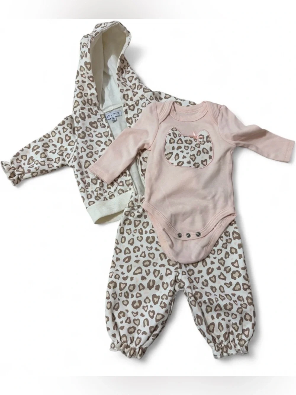 3-Piece Pink Leopard Baby Bodysuit Set with Hoodie